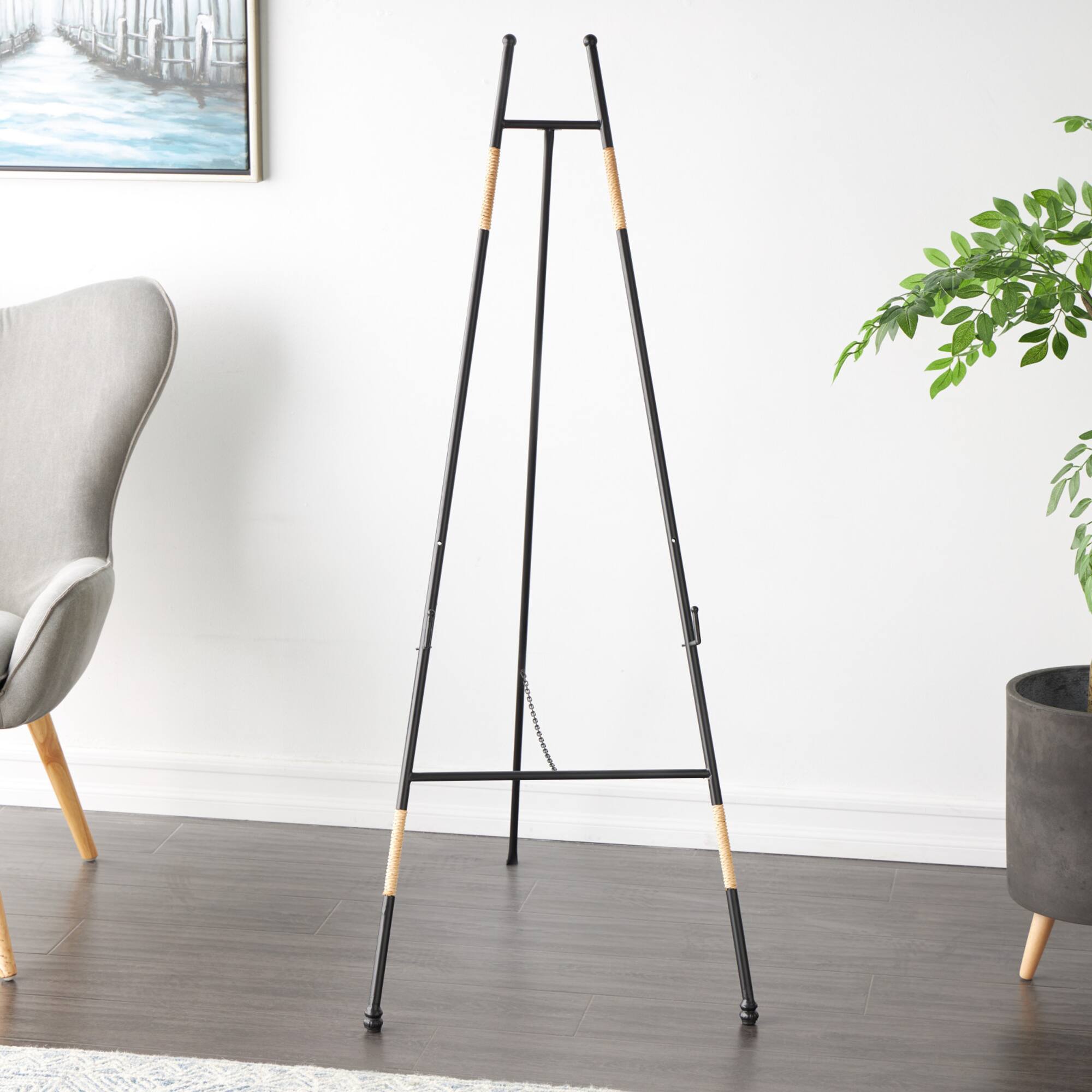 53.5" Black Metal Slim Foldable 2-Tier Easel with Wrapped Rattan Accents